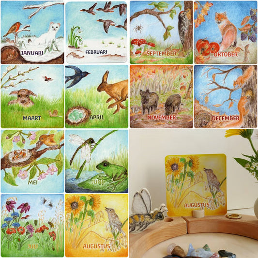 Set van twaalf maandkaartjes van Eentje van Margo, één illustratie voor iedere maand