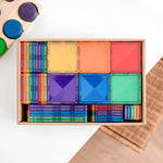 CONNETIX Rainbow Creative Pack met 102 magnetische tegels in regenboogkleuren. Open doos