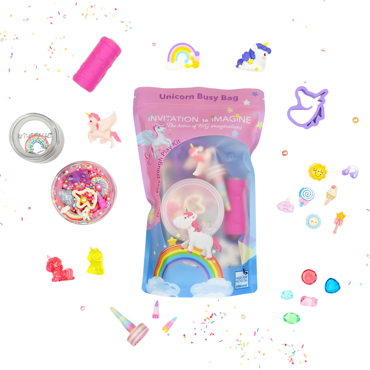 Unicorns Busy Bag van Invitation to Imagine, verpakking met eenhoorn-accessoires