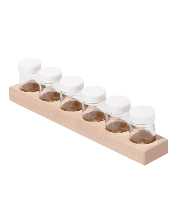 Mercurius houten verfpotjeshouder met glazen verfpotjes van 50 ml