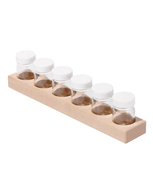 Mercurius houten verfpotjeshouder met glazen verfpotjes van 50 ml