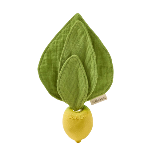 Oli&Carol mini doudou-bijtring Lou the Lemon met mousseline blad