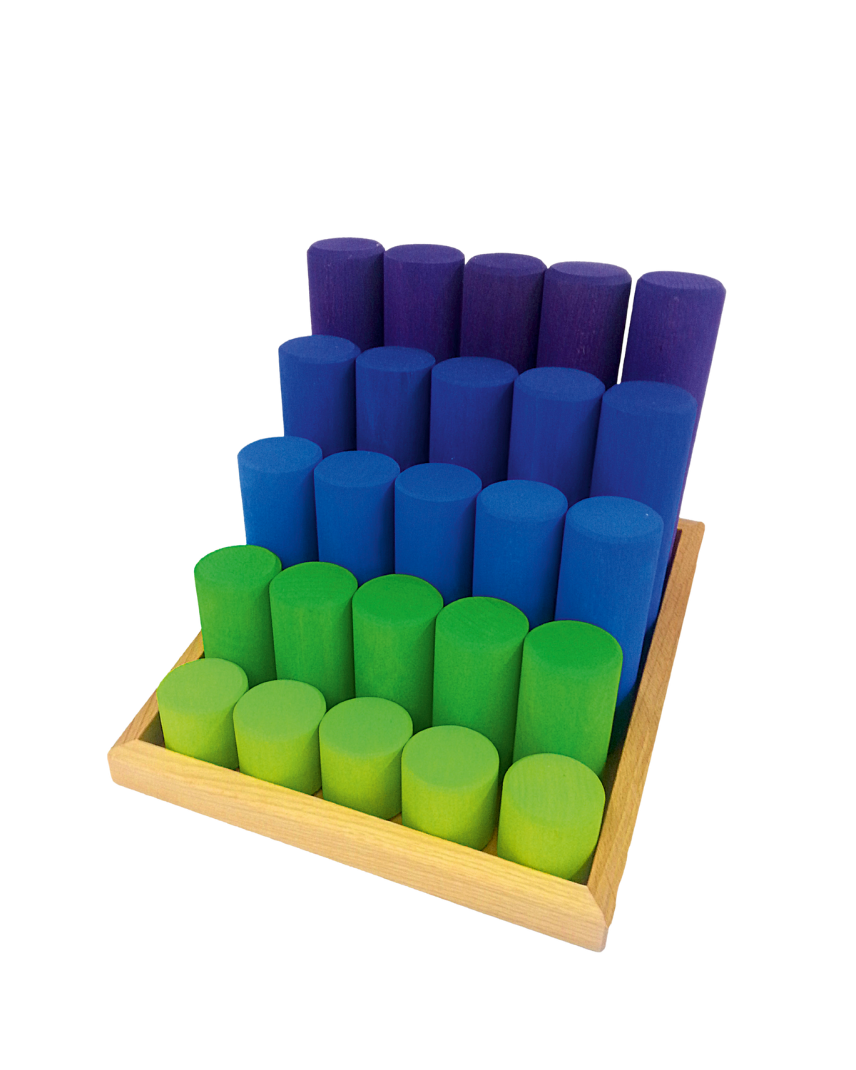 Houten pilarentrap van Bauspiel met 25 ronde zuilen in groen-, blauw- en paarstinten