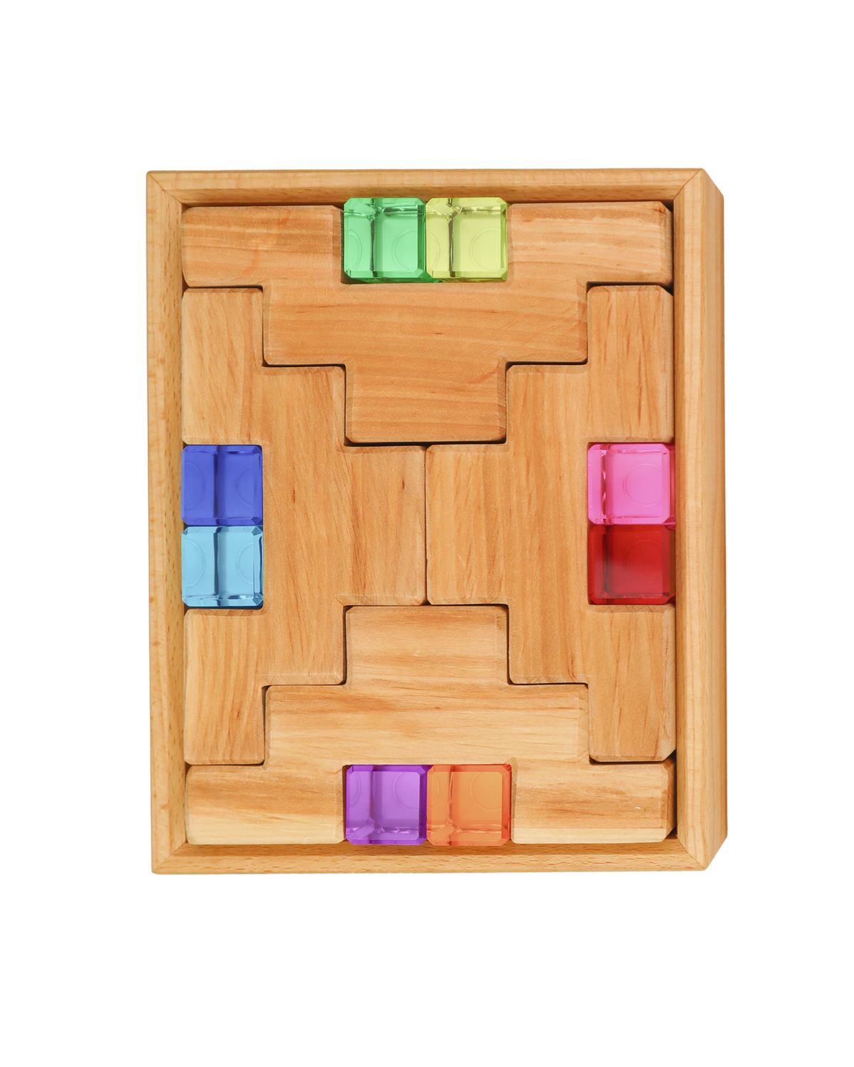 Acht natuurlijke houten trapblokken en acht gekleurde lichtbouwstenen van Bauspiel in een houten frame