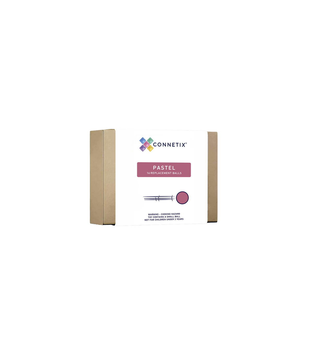 Zestien houten CONNETIX ballen in acht zachte pastelkleuren in doos