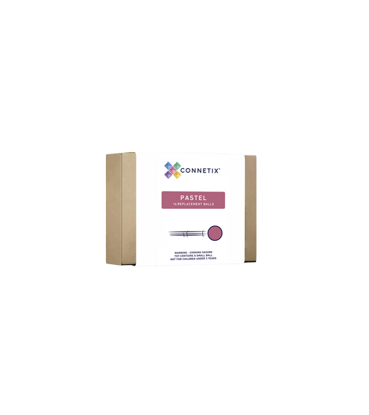Zestien houten CONNETIX ballen in acht zachte pastelkleuren in doos