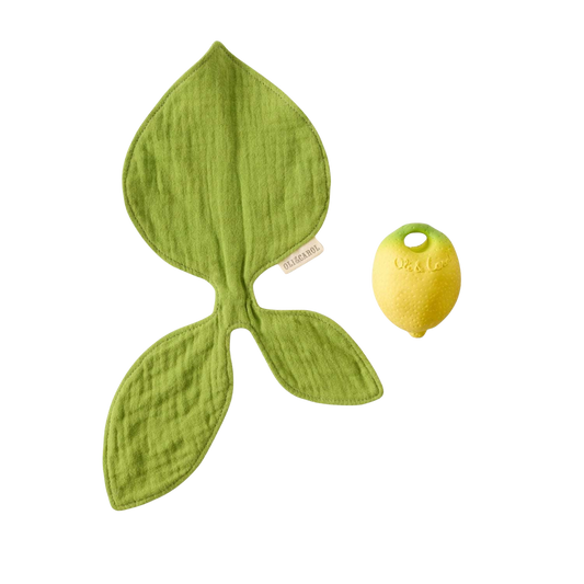 Oli&Carol mini doudou-bijtring Lou the Lemon met mousseline blad los