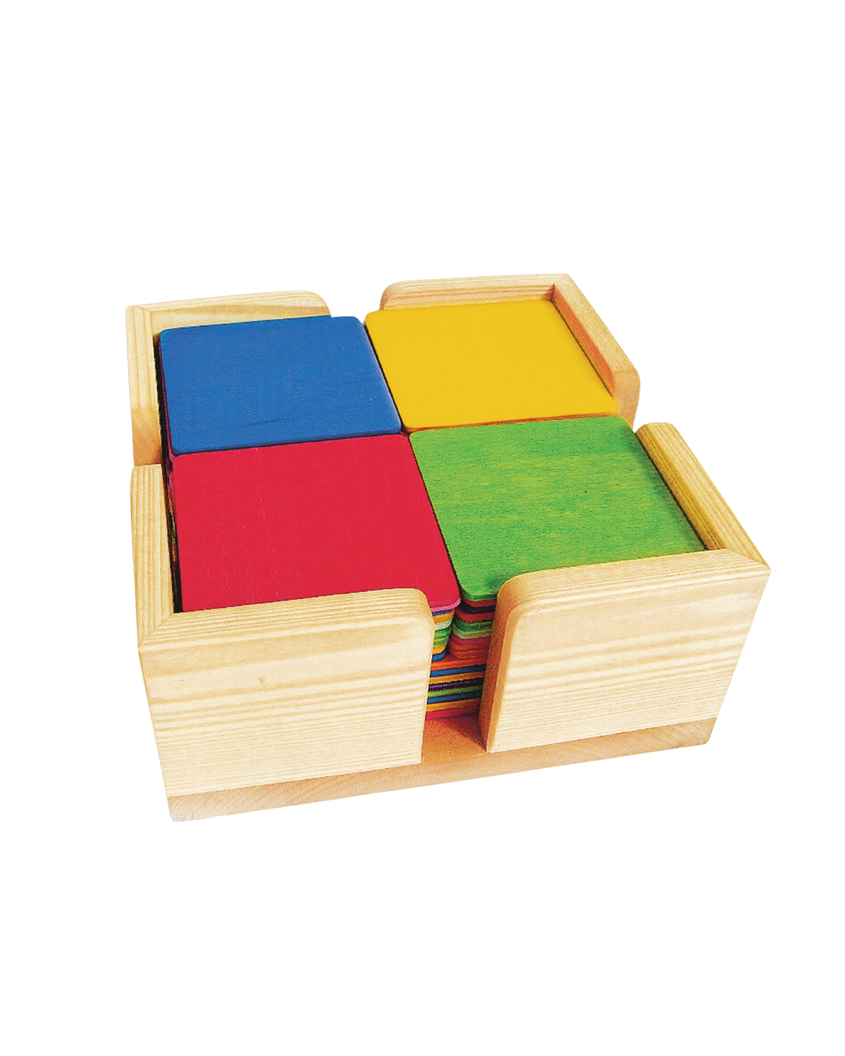 Tweeënvijftig houten regenboogbouwplaten van Bauspiel in drie formaten en een houten kist