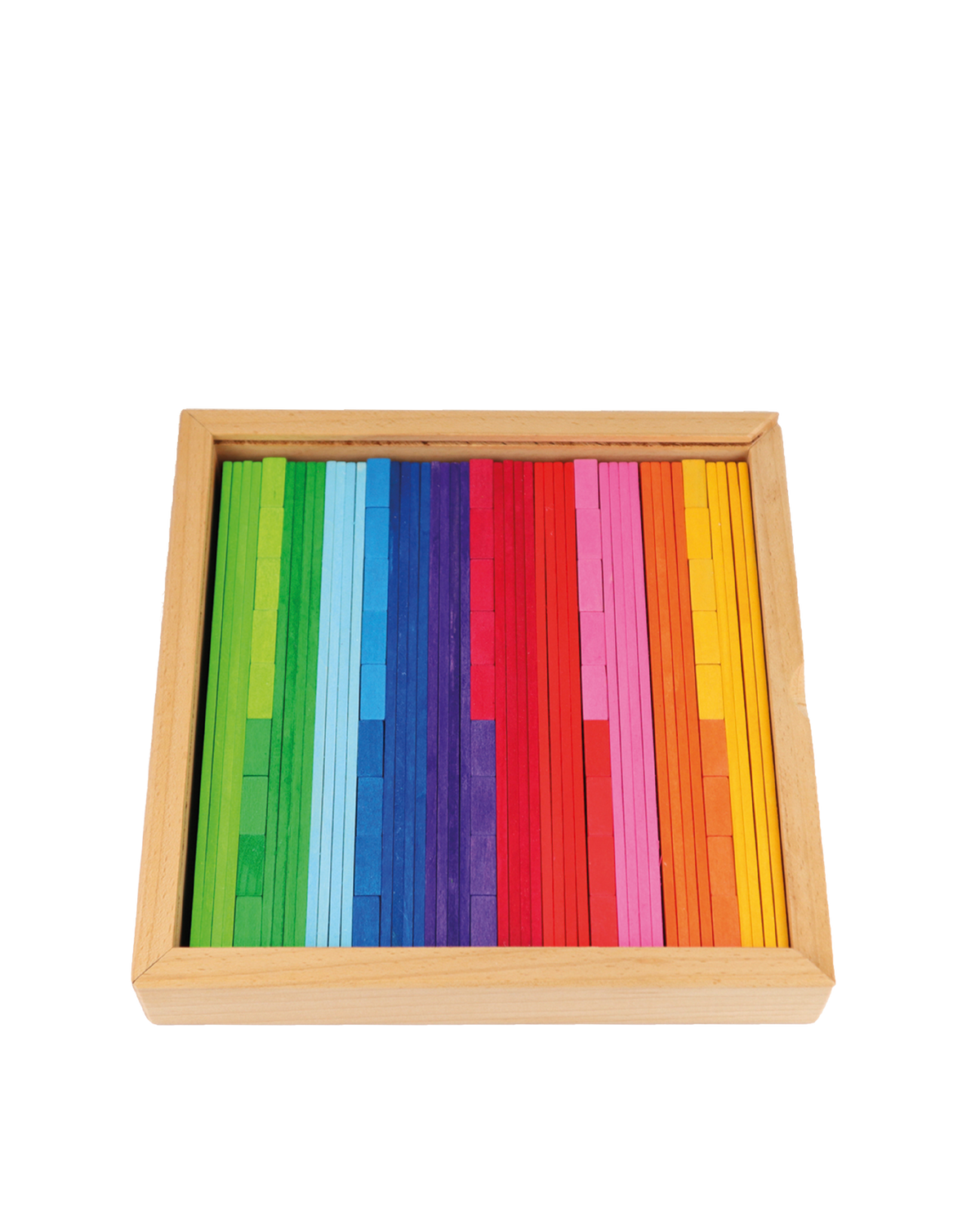 Bauspiel Kombibox K85 met gekleurde bouwplanken en mozaïekstenen in een houten kist