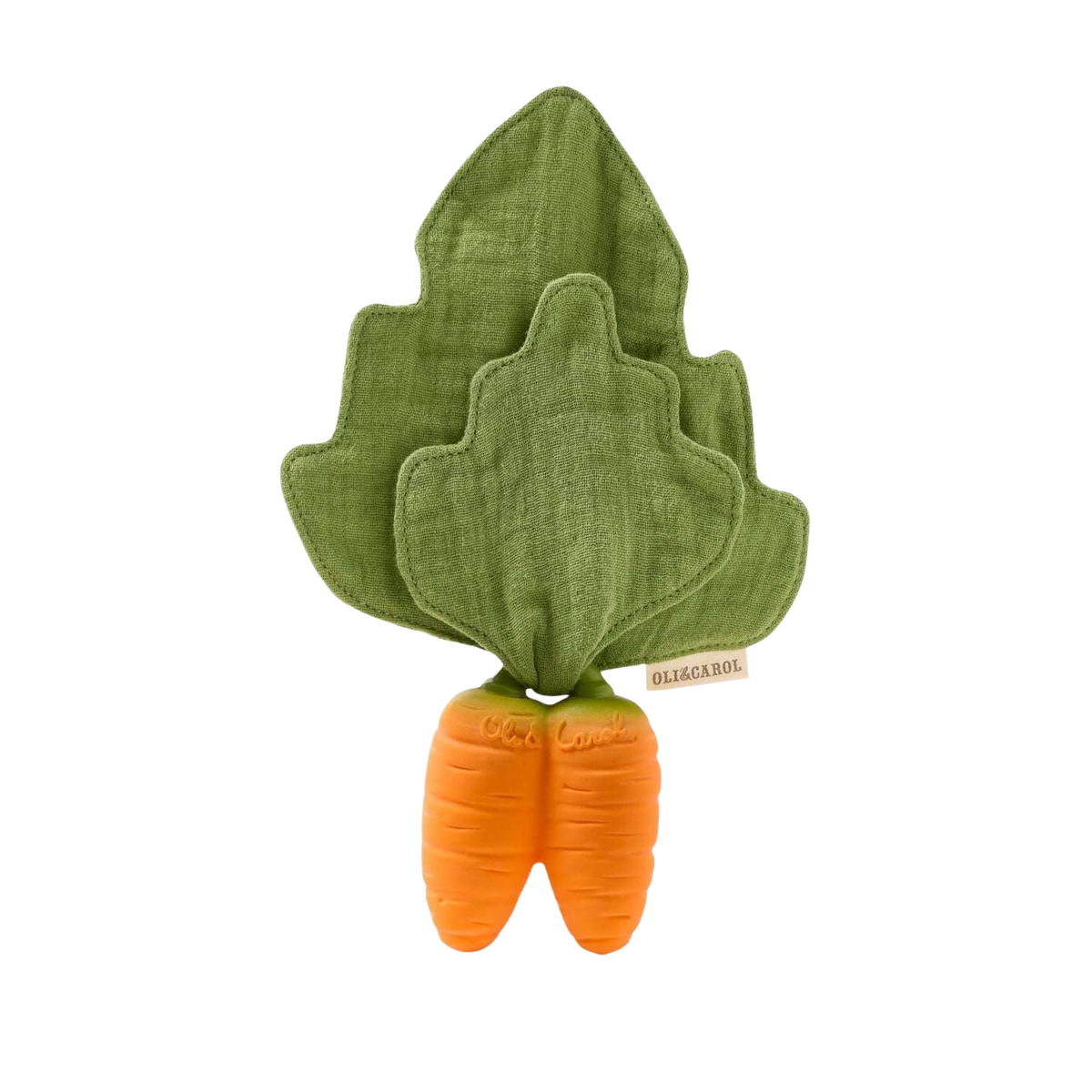 Oli&Carol mini doudou-bijtring Cathy the Carrot met mousseline blad