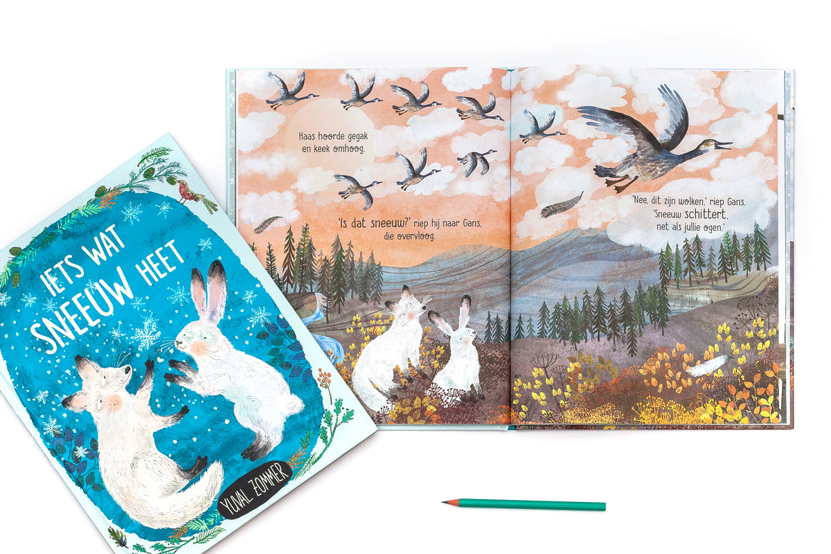 Iets wat sneeuw heet, boek met inkijkpagina van overvliegende ganzen