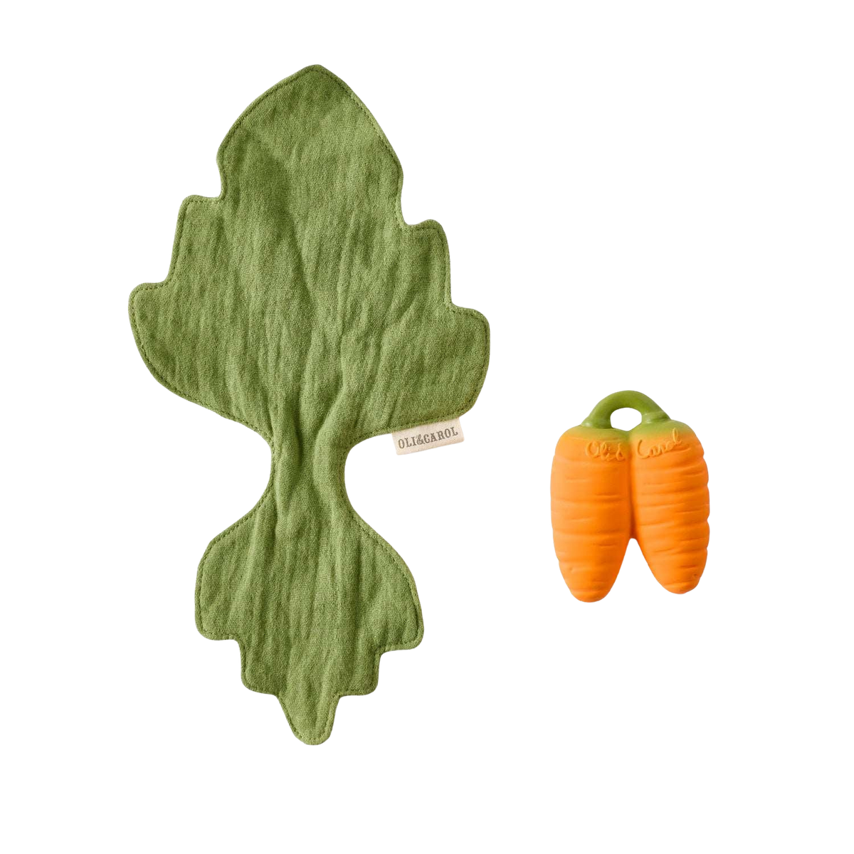 Oli&Carol mini doudou-bijtring Cathy the Carrot met mousseline blad los van elkaar