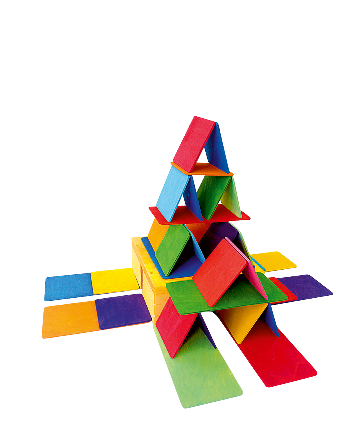 Tweeënvijftig houten regenboogbouwplaten van Bauspiel in drie formaten 