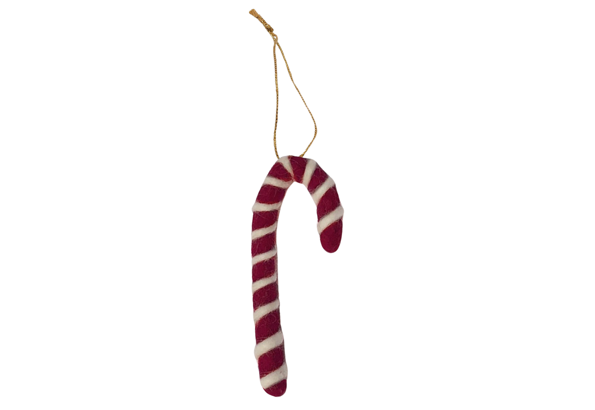 Gamcha vilten kerstornament, zuurstokje in donkerrood met wit