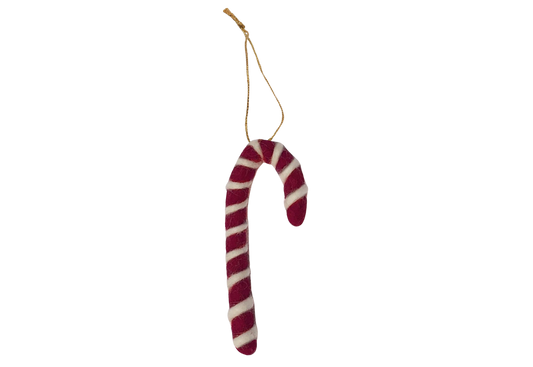 Gamcha vilten kerstornament, zuurstokje in donkerrood met wit