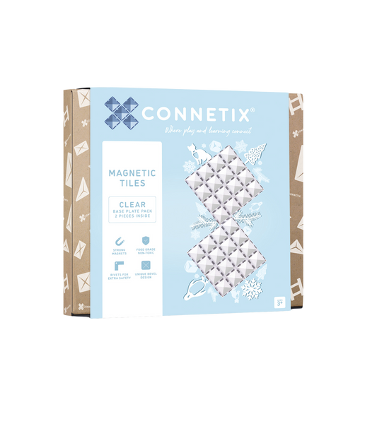 Twee transparante magnetische basisplaten van CONNETIX van 30 x 30 cm in doos