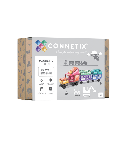 CONNETIX Pastel Transport Pack met magnetische tegels en voertuig onderstellen in doos