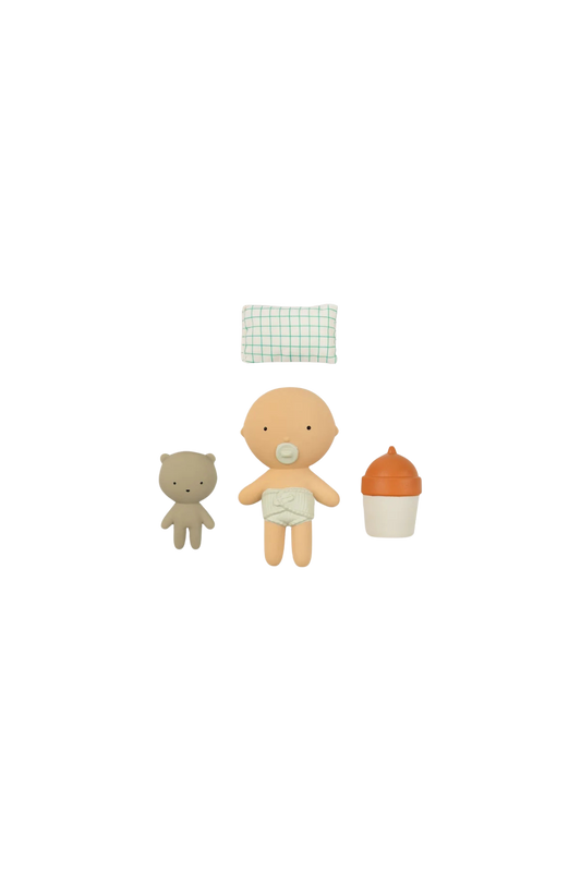Pocket speelset met babypopje en beertje vanille | Gommu