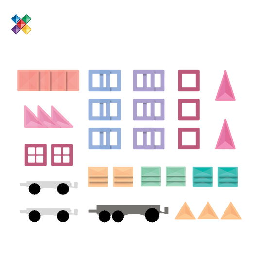 CONNETIX Pastel Transport Pack met magnetische tegels en voertuigonderstellen. Alle onderdelen los