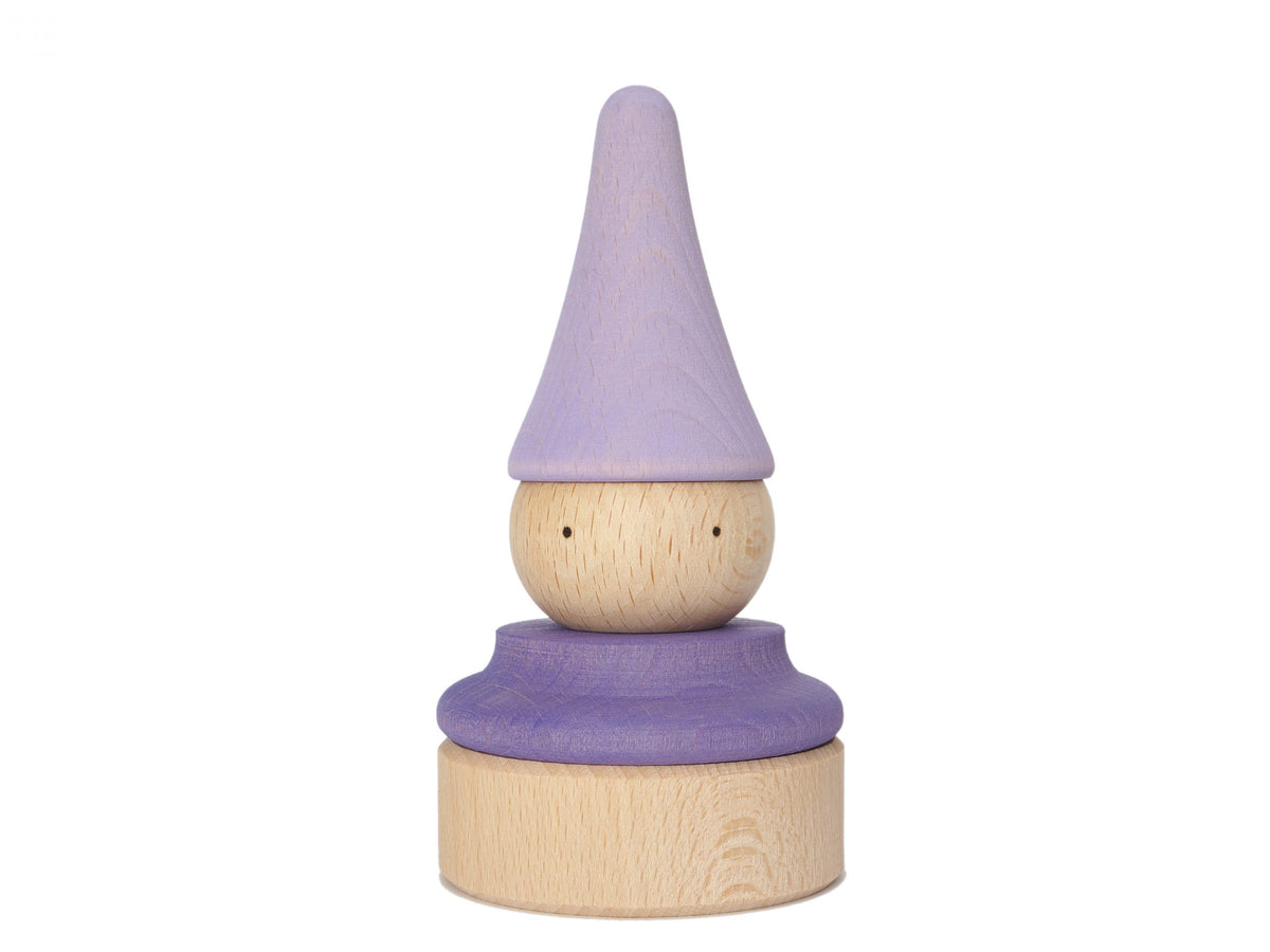 Violette houten heks stapelfiguur met hoed van Ocamora en vier onderdelen