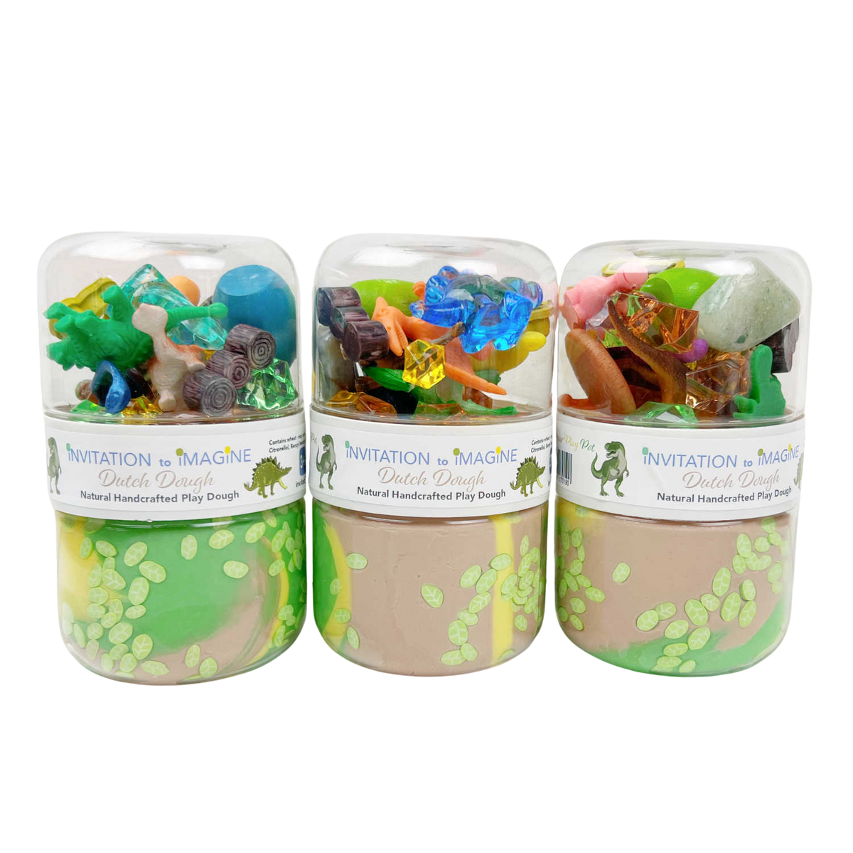 Dinosaur Play Pot van Invitation to Imagine, drie potten Dutch Dough met dinofiguurtjes
