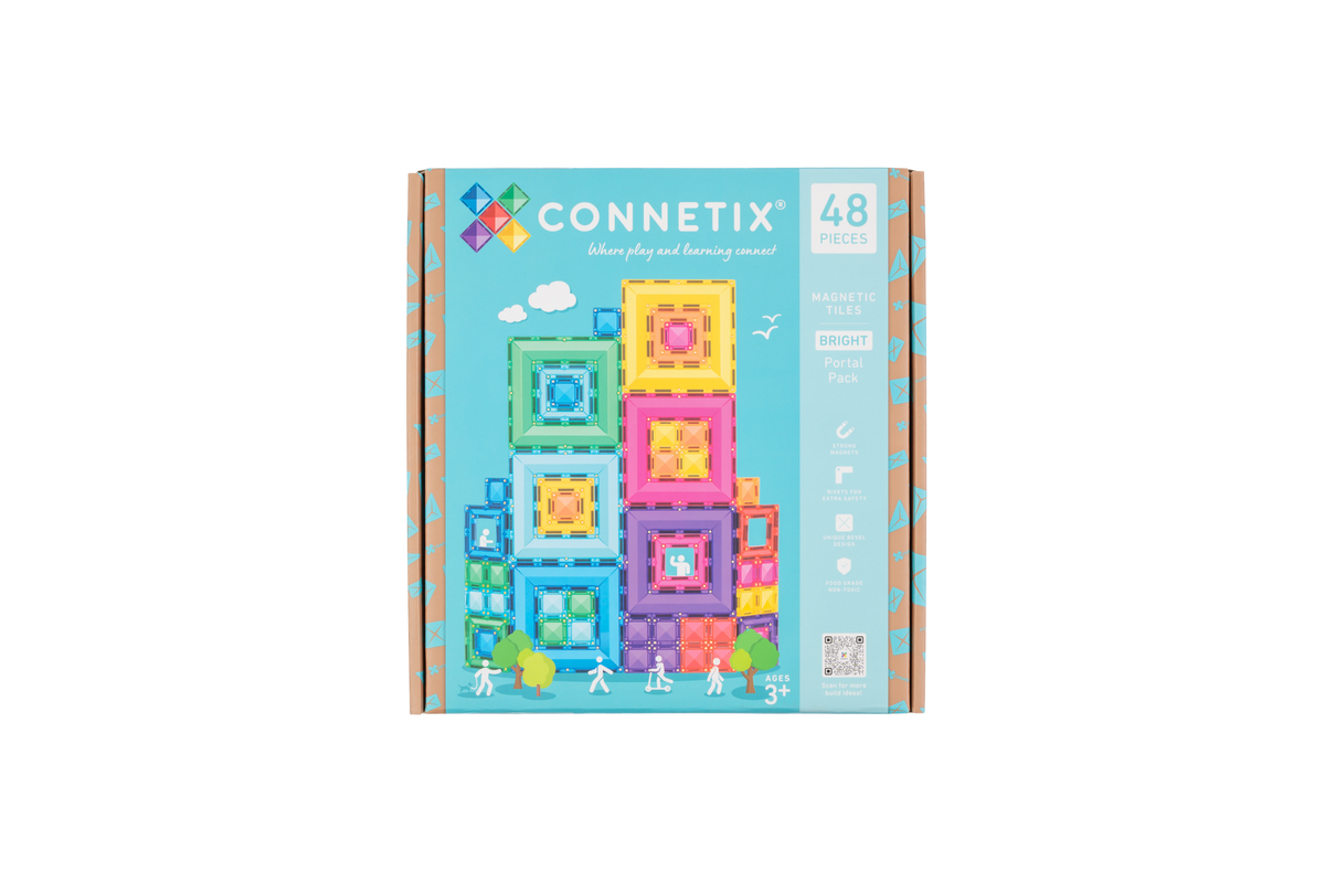 CONNETIX Bright Portal Pack met open portaaltegels en gekleurde mini-vierkanten. Voorkant doos