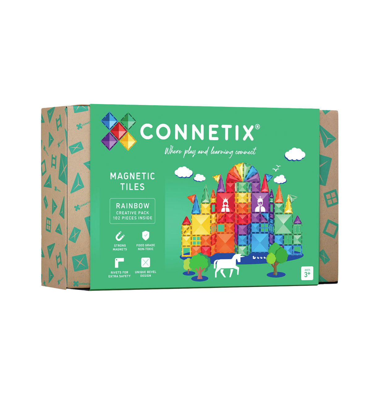 CONNETIX Rainbow Creative Pack met 102 magnetische tegels in regenboogkleuren in doos