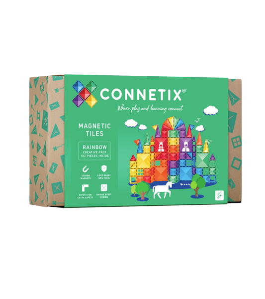 CONNETIX Rainbow Creative Pack met 102 magnetische tegels in regenboogkleuren in doos