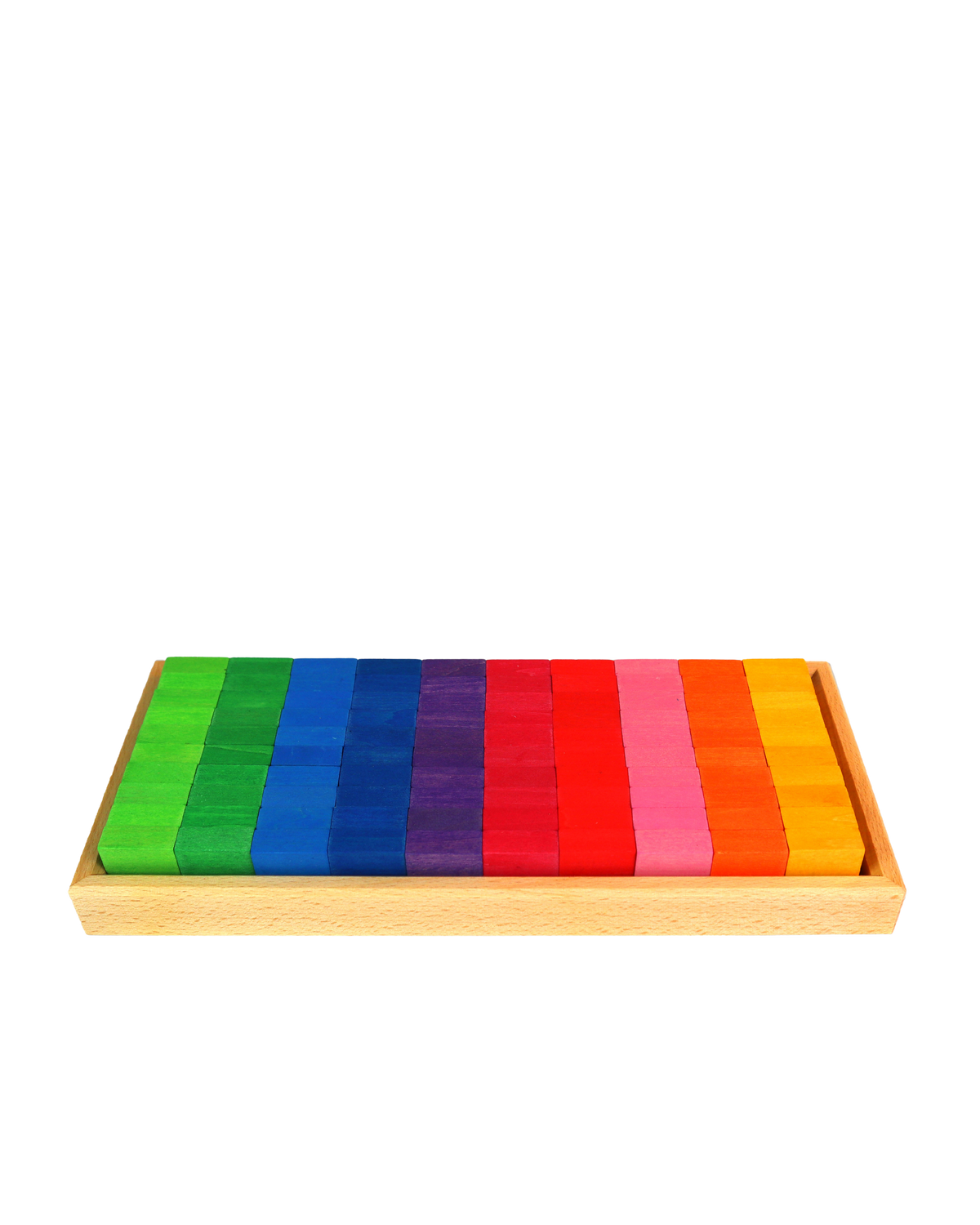 Honderd vierkante houten mozaïekstenen van Bauspiel in tien kleuren en een houten frame