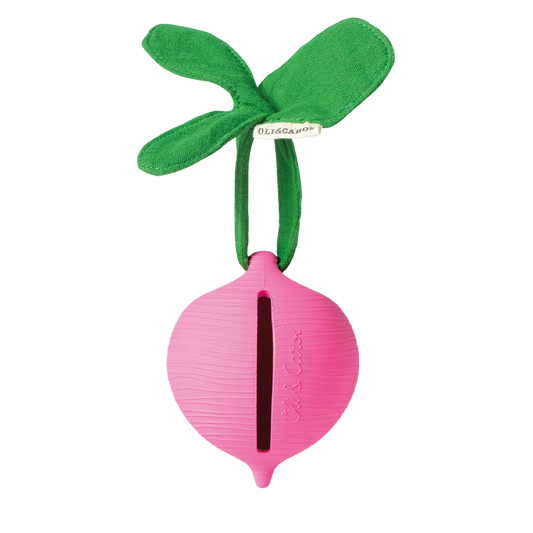Oli&Carol speenkokertje Ramona the Radish, radijsvorm met mousseline blad