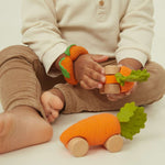 Oli&Carol speelgoedautootje Cathy the Carrot, wortelvorm op houten wieltjes in kinderhand