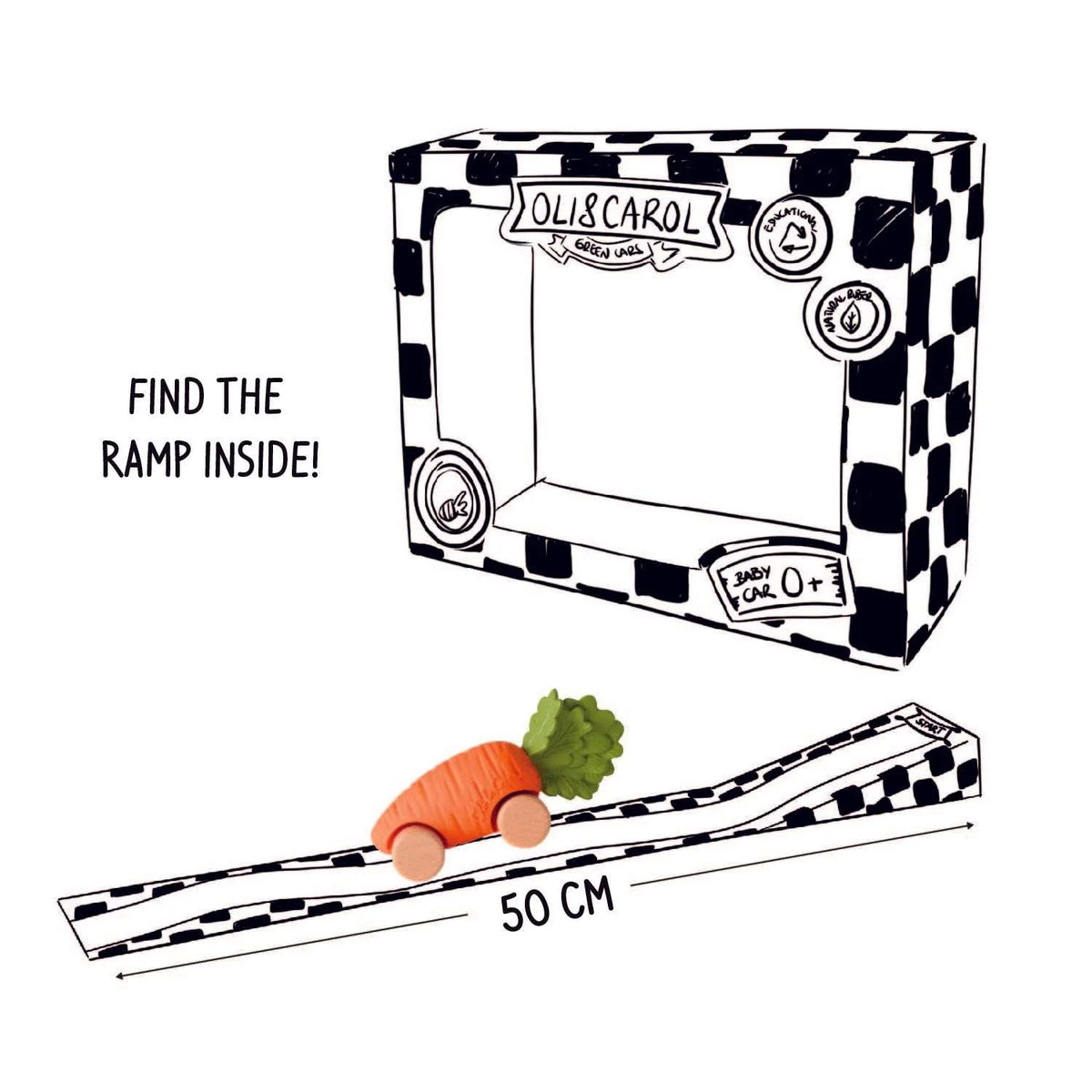 Oli&Carol speelgoedautootje Cathy the Carrot, wortelvorm op houten wieltjes met doos