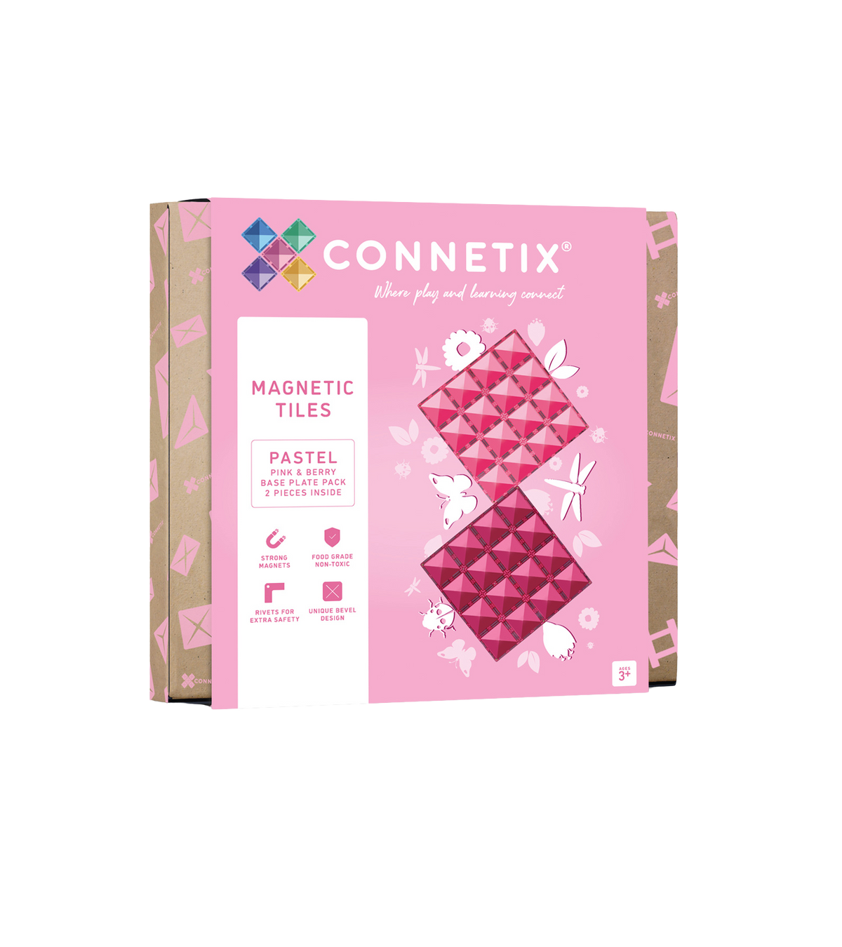 Twee grote CONNETIX magnetische basisplaten in roze en berry doos
