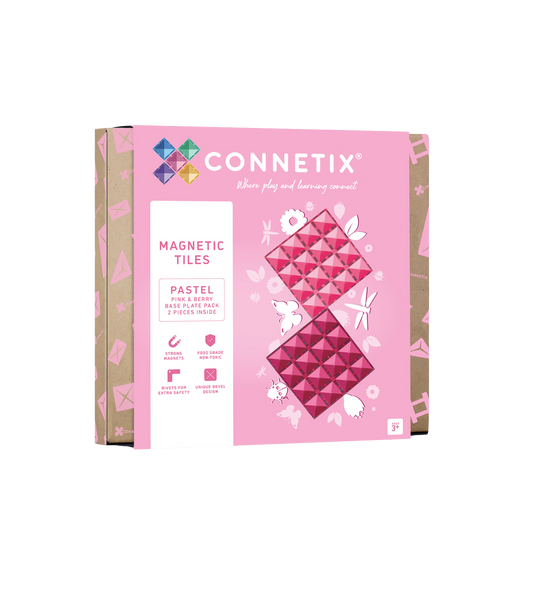 Twee grote CONNETIX magnetische basisplaten in roze en berry doos