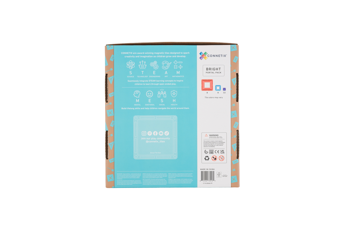 CONNETIX Bright Portal Pack met open portaaltegels en gekleurde mini-vierkanten. Achterkant doos