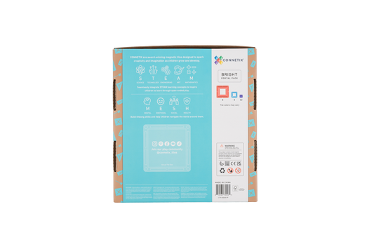 CONNETIX Bright Portal Pack met open portaaltegels en gekleurde mini-vierkanten. Achterkant doos