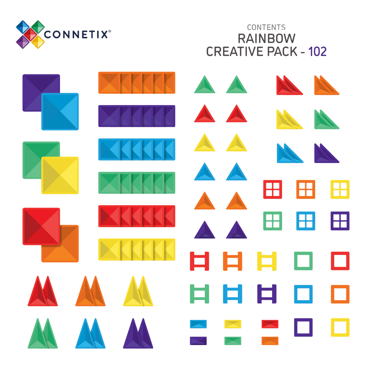CONNETIX Rainbow Creative Pack met 102 magnetische tegels in regenboogkleuren. Losse onderdelen