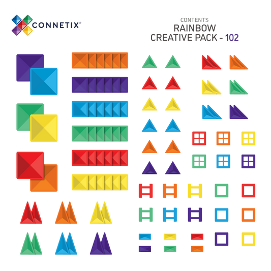CONNETIX Rainbow Creative Pack met 102 magnetische tegels in regenboogkleuren. Losse onderdelen