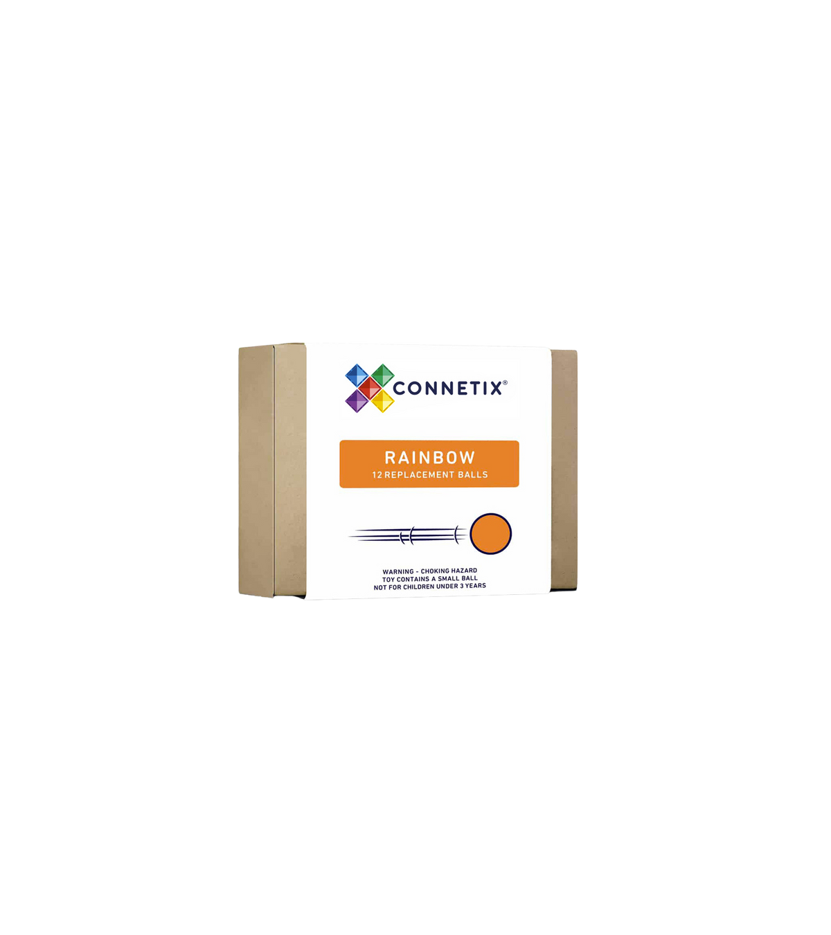 Twaalf houten CONNETIX ballen in heldere regenboogkleuren in doosje