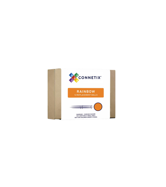 Twaalf houten CONNETIX ballen in heldere regenboogkleuren in doosje