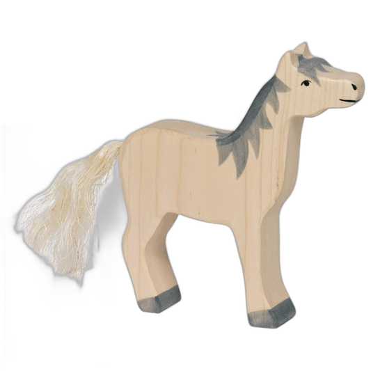 Holztiger houten paard, grijze manen