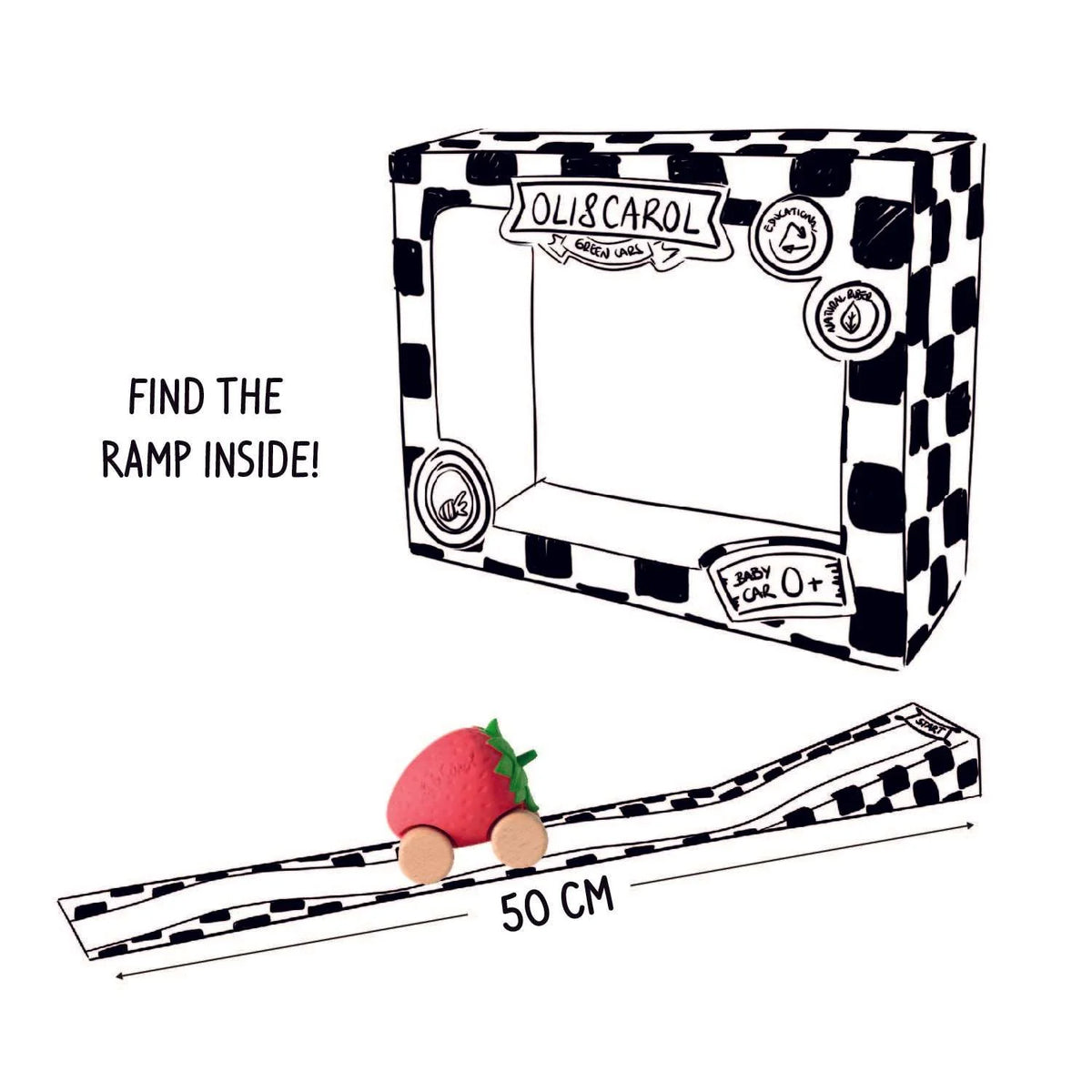 Oli&Carol speelgoedautootje Sweety the Strawberry, aardbeivorm op houten wieltjes met doos